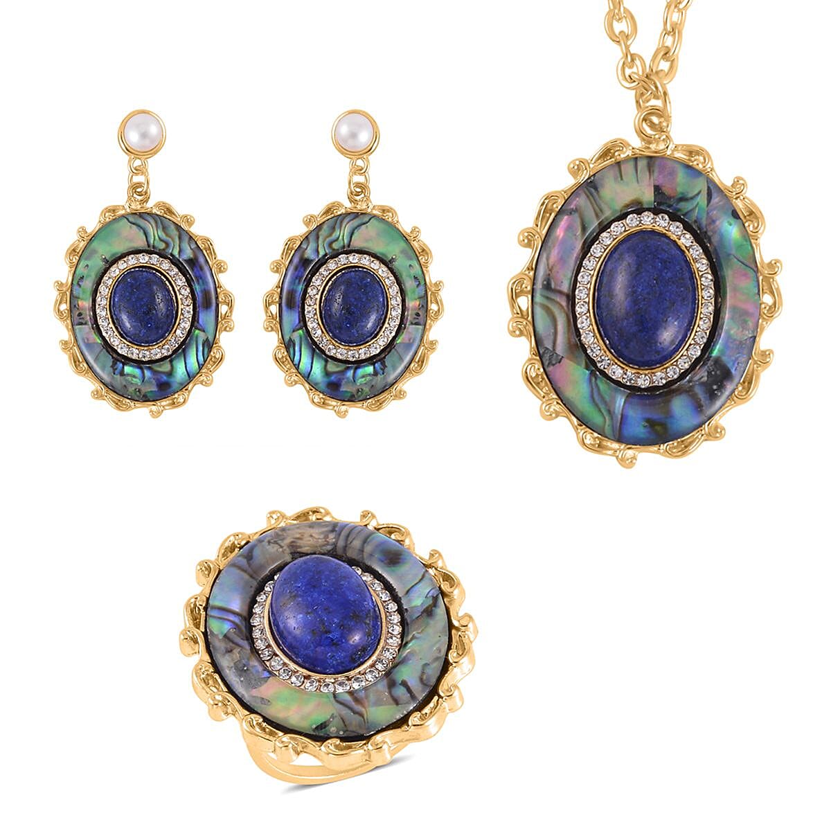 Lapis Lazuli and Multi Gemstone Drop Earrings, Ring Size 5.0 and Pendant in Goldtone with ION Plated YG Stainless Steel Necklace 20 Inches 16.00 ctw