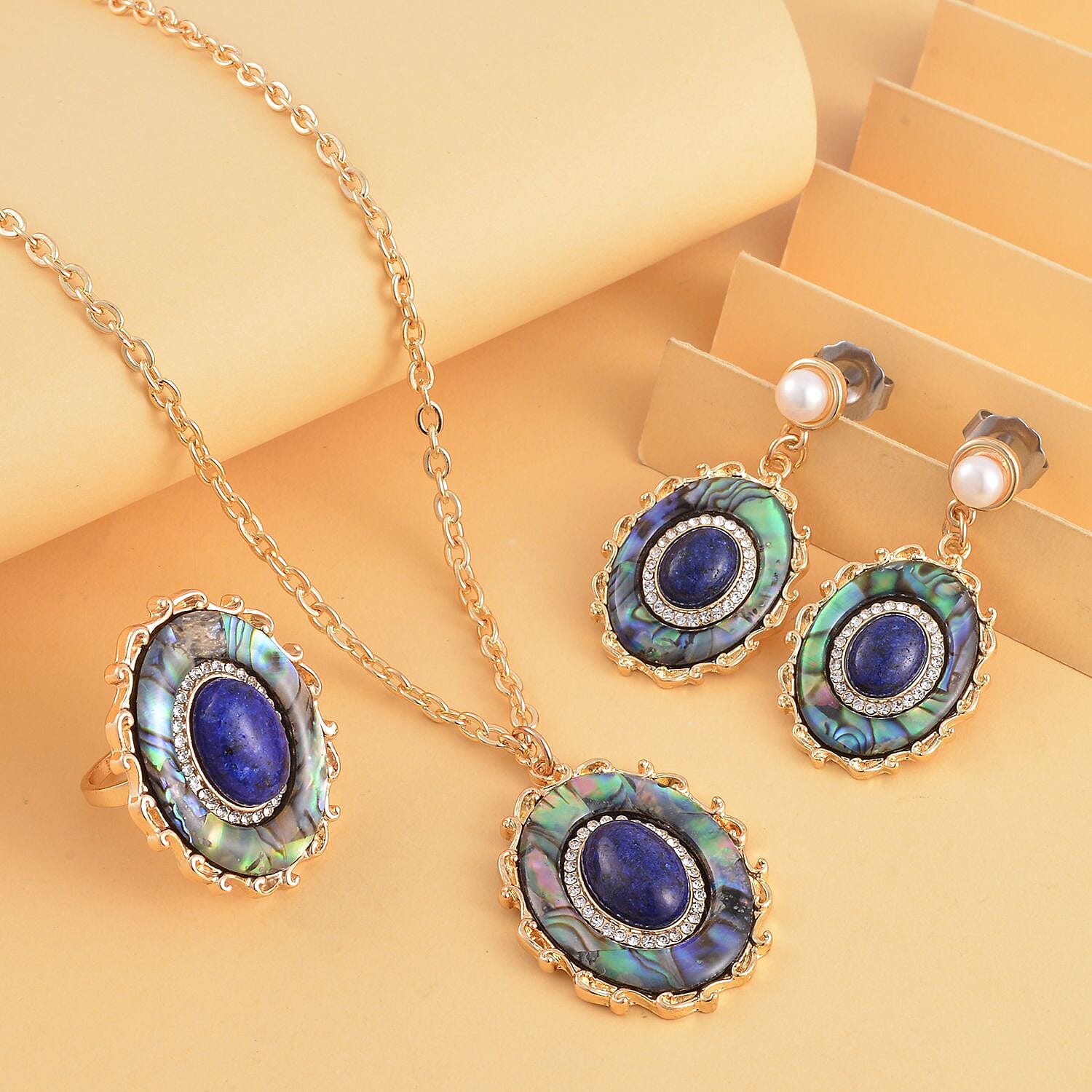 Lapis Lazuli and Multi Gemstone Drop Earrings, Ring Size 5.0 and Pendant in Goldtone with ION Plated YG Stainless Steel Necklace 20 Inches 16.00 ctw