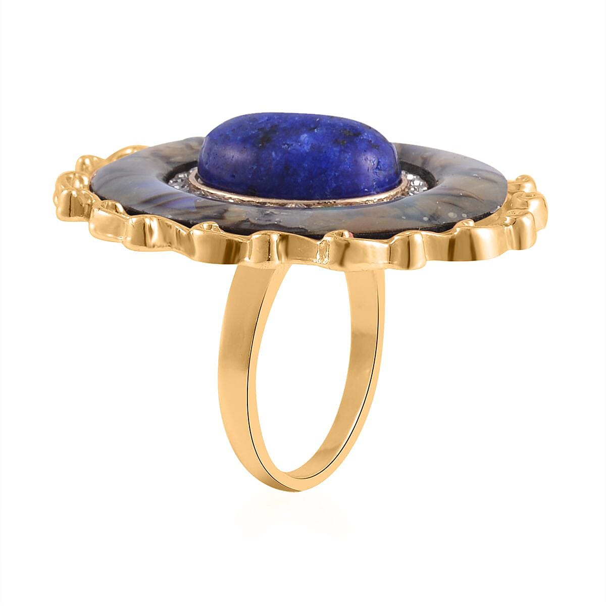 Lapis Lazuli and Multi Gemstone Drop Earrings, Ring Size 5.0 and Pendant in Goldtone with ION Plated YG Stainless Steel Necklace 20 Inches 16.00 ctw