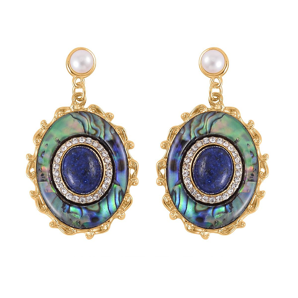 Lapis Lazuli and Multi Gemstone Drop Earrings, Ring Size 5.0 and Pendant in Goldtone with ION Plated YG Stainless Steel Necklace 20 Inches 16.00 ctw