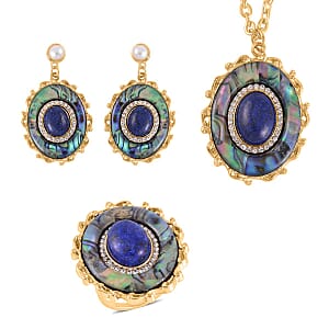 Lapis Lazuli and Multi Gemstone Drop Earrings, Ring Size 10.0 and Pendant in Goldtone with ION Plated YG Stainless Steel Necklace 20 Inches 16.00 ctw