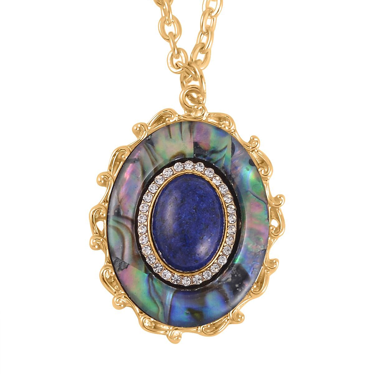 Lapis Lazuli and Multi Gemstone Drop Earrings, Ring Size 10.0 and Pendant in Goldtone with ION Plated YG Stainless Steel Necklace 20 Inches 16.00 ctw image number 5