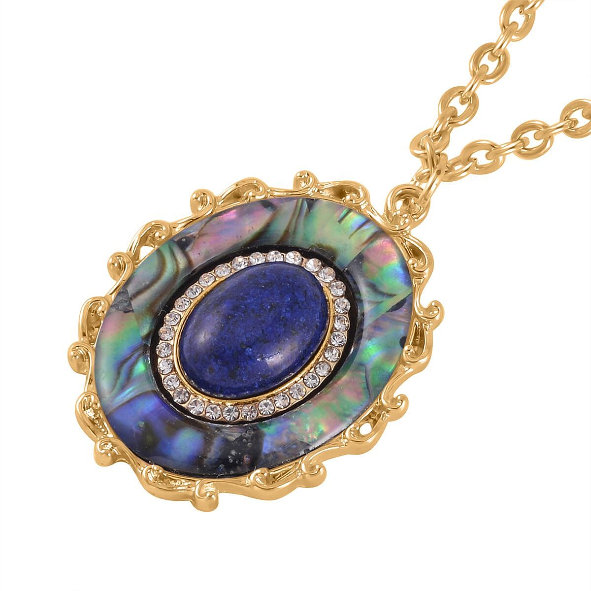 Lapis Lazuli and Multi Gemstone Drop Earrings, Ring Size 10.0 and Pendant in Goldtone with ION Plated YG Stainless Steel Necklace 20 Inches 16.00 ctw image number 6