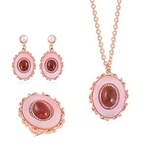 Red Agate and Multi Gemstone Drop Earrings, Ring (Size 8.0) and Pendant in Rosetone with ION Plated RG Stainless Steel Necklace 20 Inches 16.00 ctw