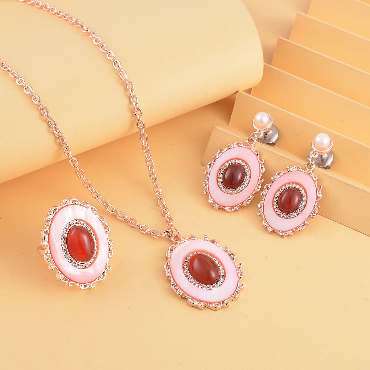 Red Agate and Multi Gemstone Drop Earrings, Ring (Size 8.0) and Pendant in Rosetone with ION Plated RG Stainless Steel Necklace 20 Inches 16.00 ctw image number 1