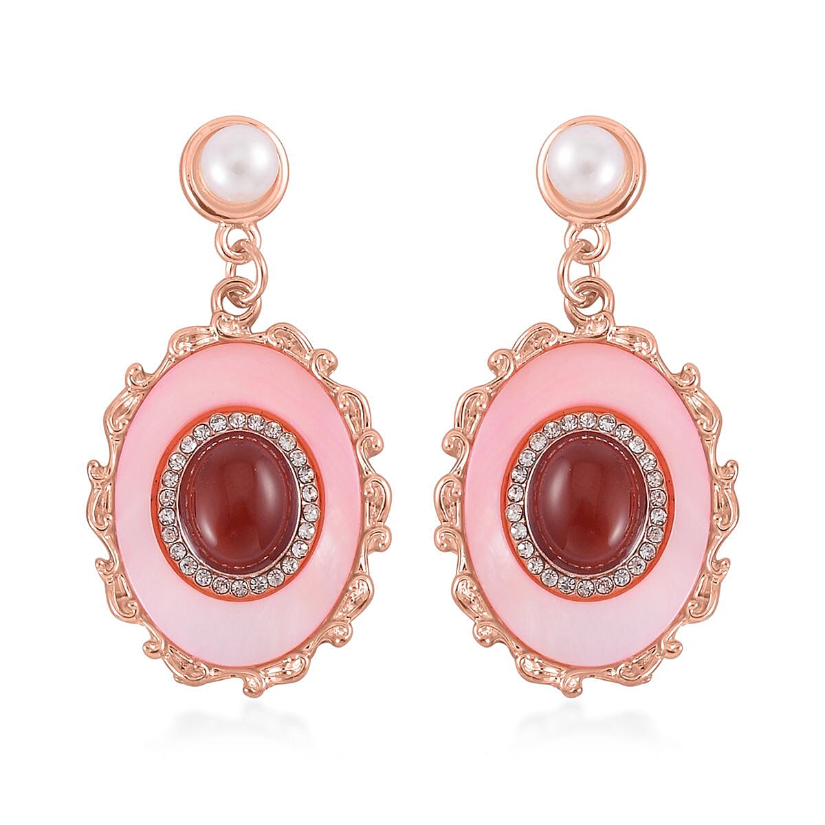 Red Agate and Multi Gemstone Drop Earrings, Ring (Size 8.0) and Pendant in Rosetone with ION Plated RG Stainless Steel Necklace 20 Inches 16.00 ctw image number 7