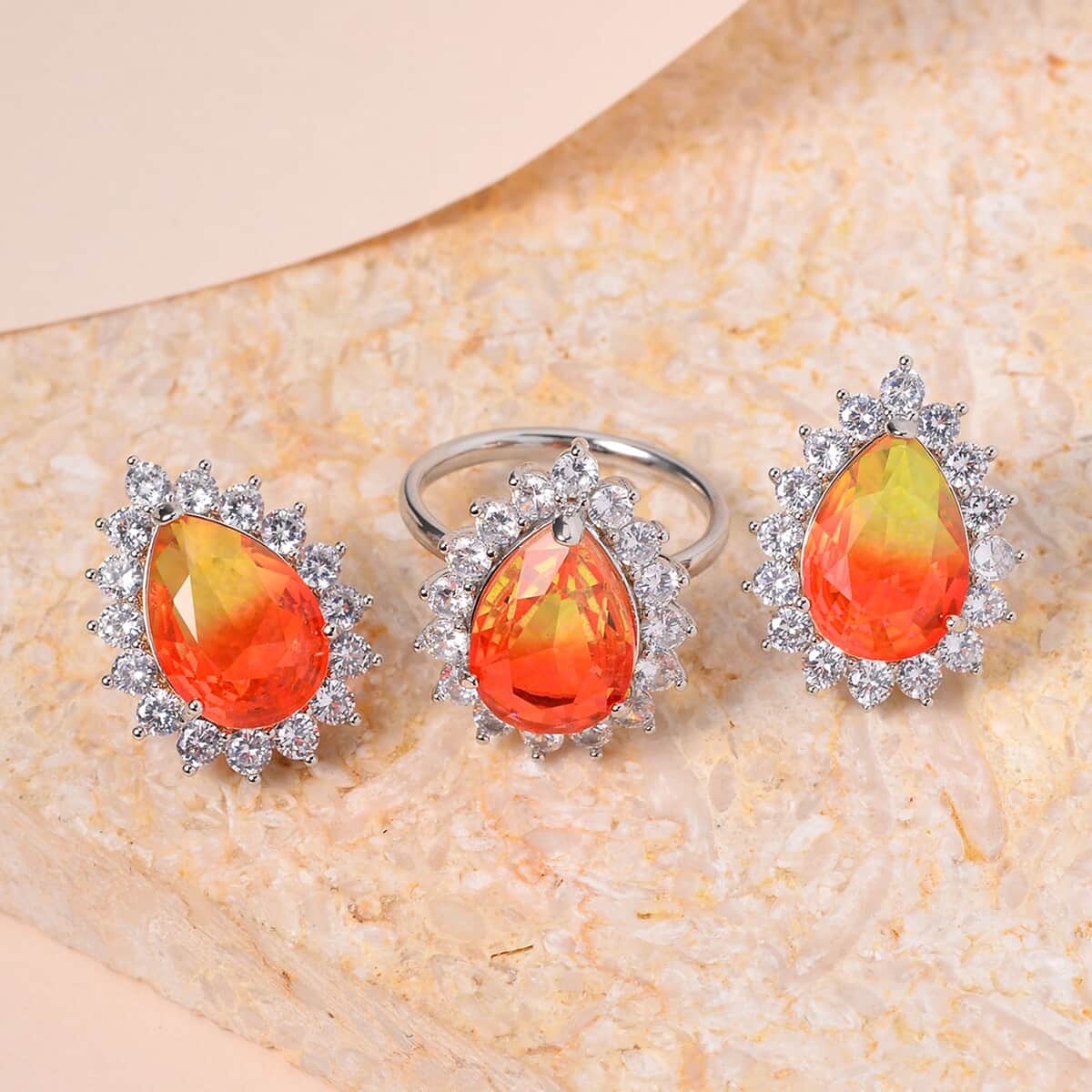 Golden & Orange Bi-Colored Glass, Simulated Diamond Halo Ring (Size 6.0) and Earrings in Silvertone 0.40 ctw image number 1