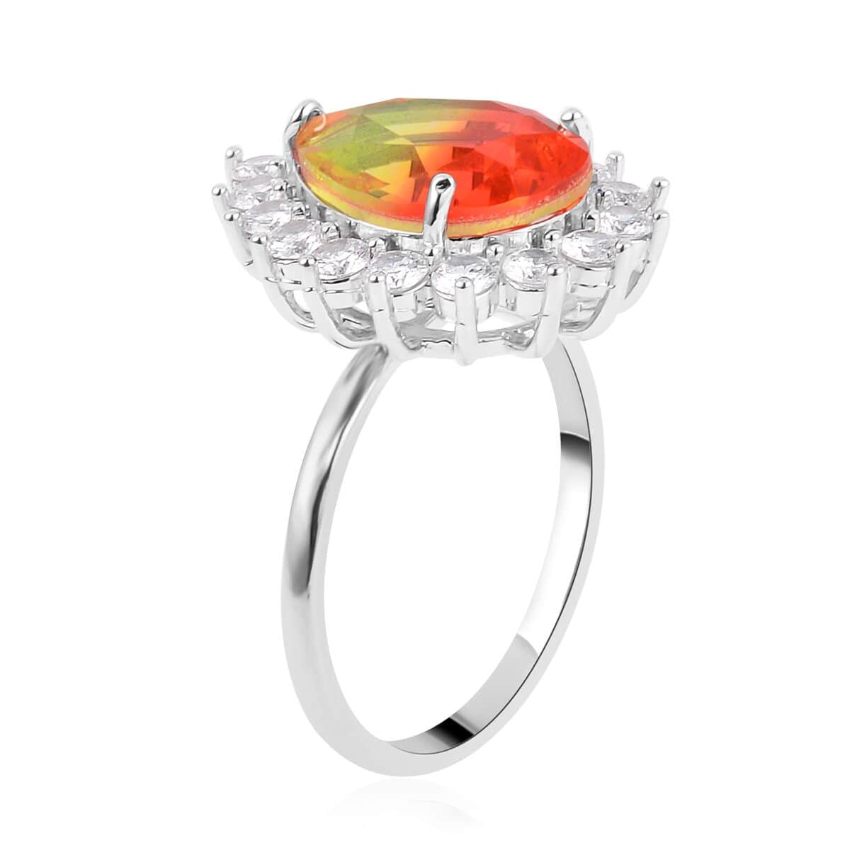 Golden & Orange Bi-Colored Glass, Simulated Diamond Halo Ring (Size 6.0) and Earrings in Silvertone 0.40 ctw image number 3