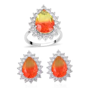 Golden & Orange Bi-Colored Glass, Simulated Diamond Halo Ring (Size 7.0) and Earrings in Silvertone 0.40 ctw