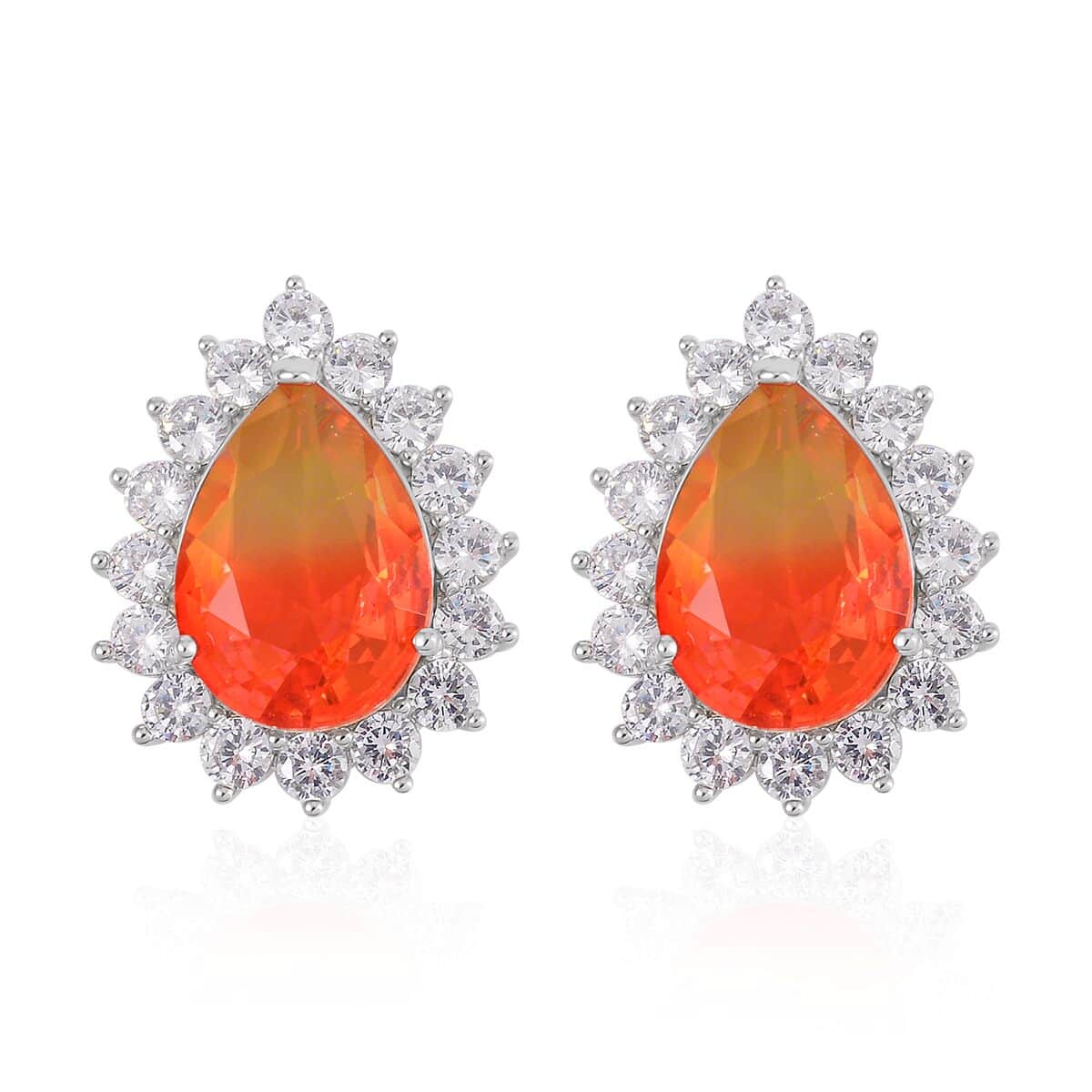 Golden & Orange Bi-Colored Glass, Simulated Diamond Halo Ring (Size 7.0) and Earrings in Silvertone 0.40 ctw image number 5