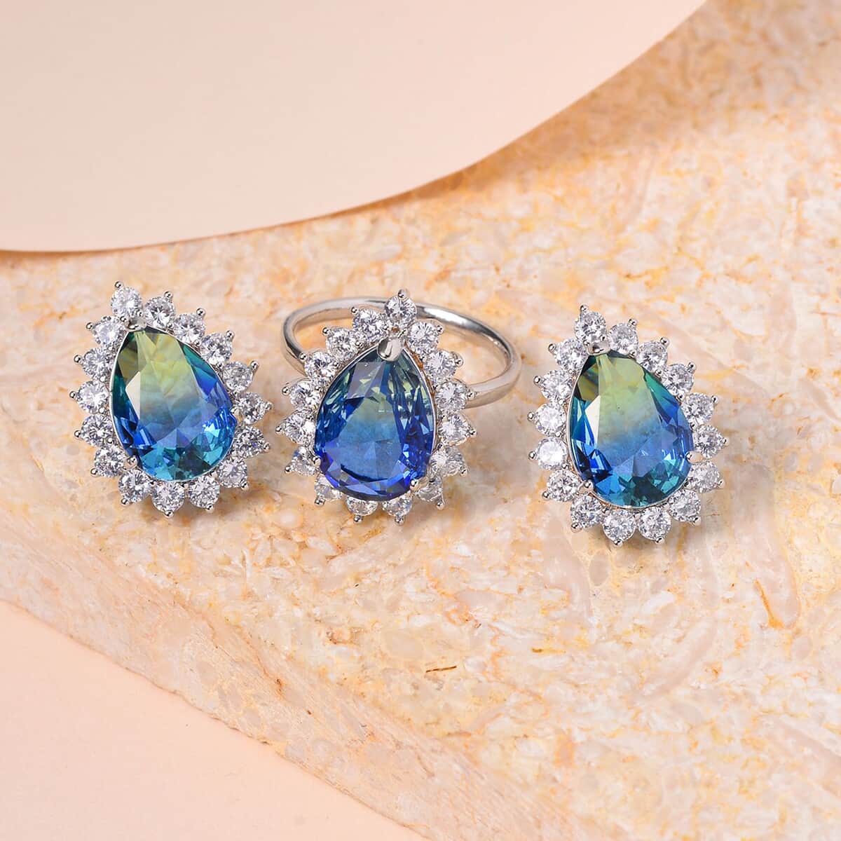 Blue & Green Bi-Colored Glass, Simulated Diamond Halo Ring (Size 6.0) and Earrings in Silvertone 0.40 ctw image number 1
