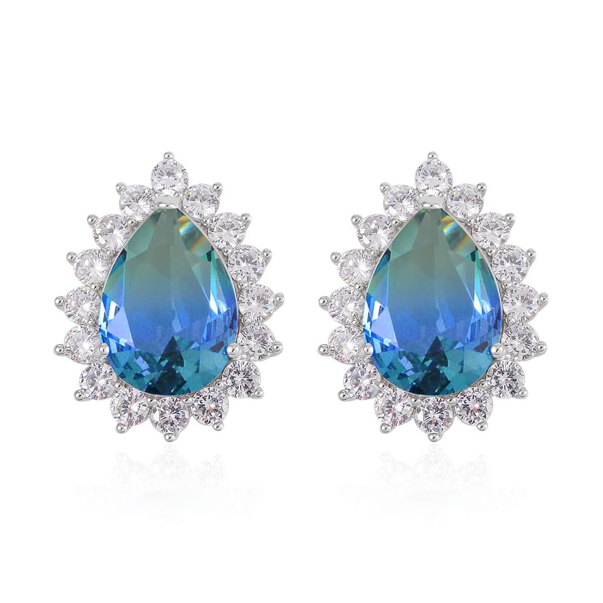 Blue & Green Bi-Colored Glass, Simulated Diamond Halo Ring (Size 6.0) and Earrings in Silvertone 0.40 ctw image number 5