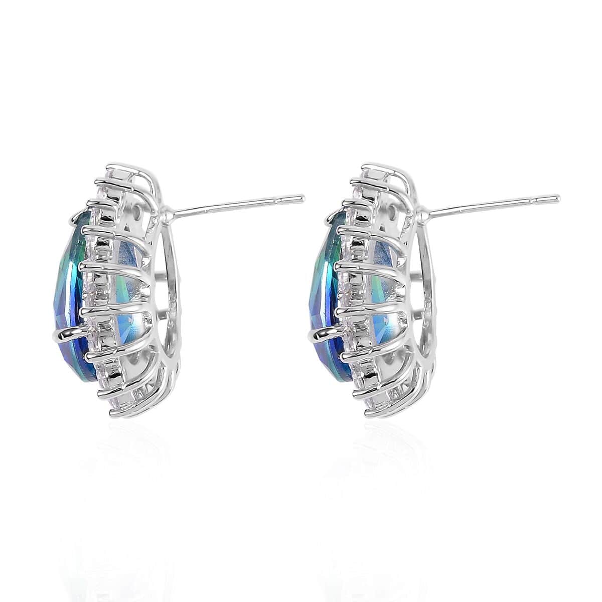 Blue & Green Bi-Colored Glass, Simulated Diamond Halo Ring (Size 6.0) and Earrings in Silvertone 0.40 ctw image number 6