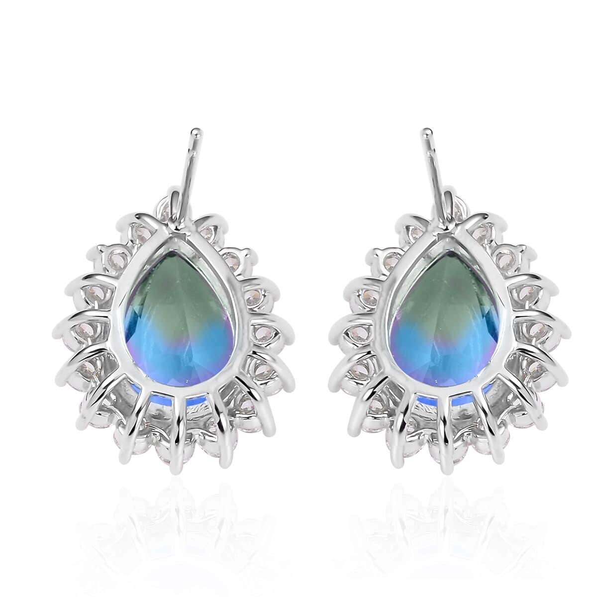 Blue & Green Bi-Colored Glass, Simulated Diamond Halo Ring (Size 6.0) and Earrings in Silvertone 0.40 ctw image number 7