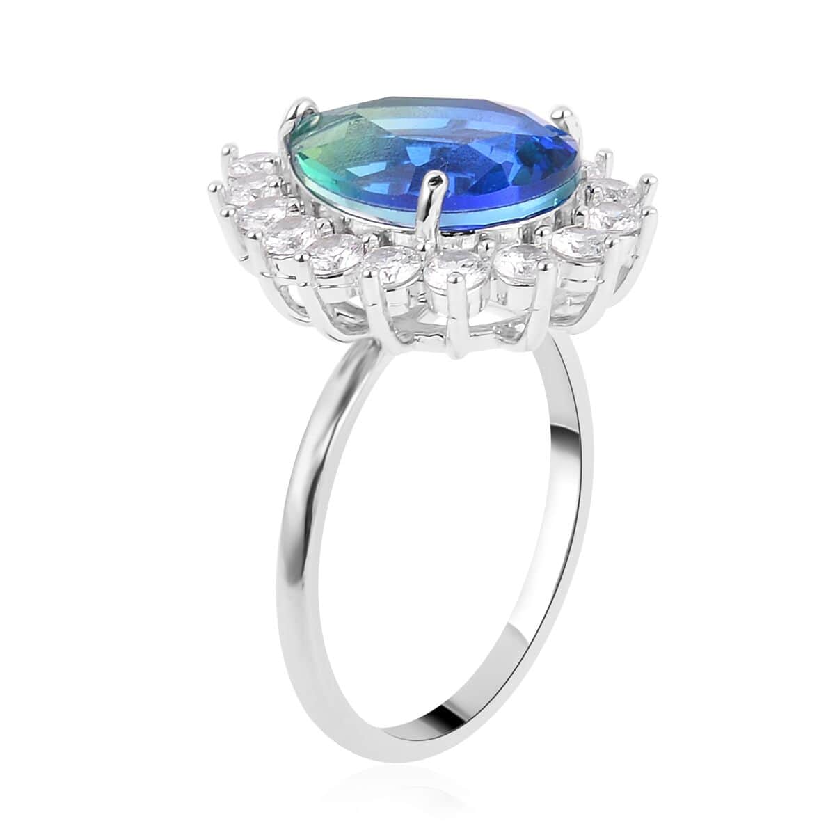 Blue & Green Bi-Colored Glass, Simulated Diamond Halo Ring (Size 8.0) and Earrings in Silvertone 0.40 ctw image number 3