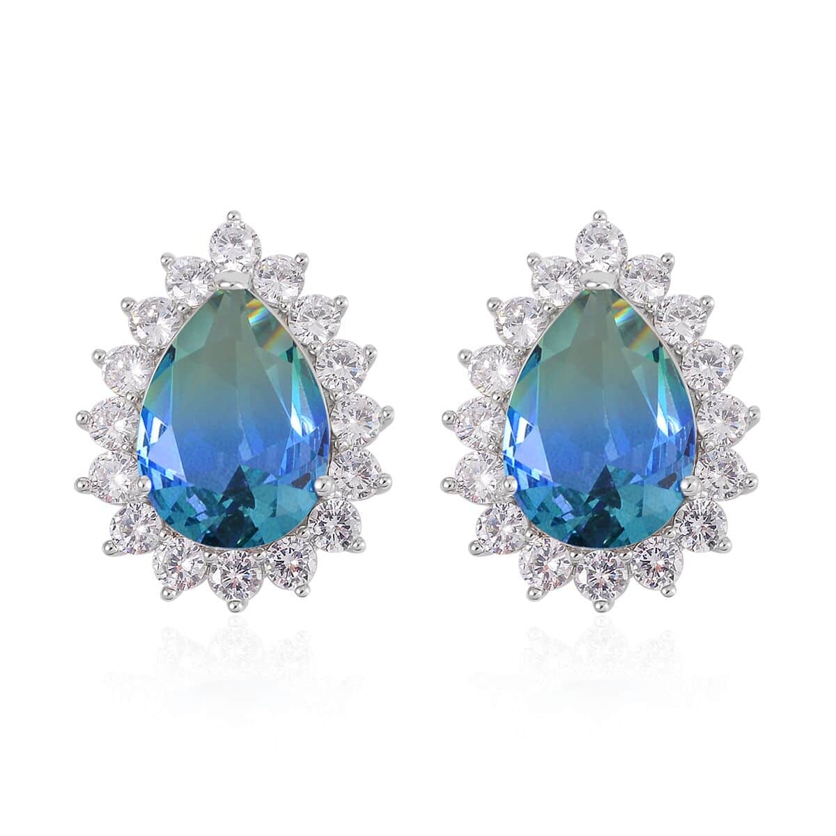 Blue & Green Bi-Colored Glass, Simulated Diamond Halo Ring (Size 8.0) and Earrings in Silvertone 0.40 ctw image number 5