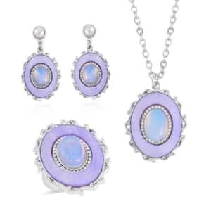 Opalite and Multi Gemstone Drop Earrings, Ring (Size 7.0) and Pendant in Silvertone with Stainless Steel Necklace 20 Inches 16.00 ctw