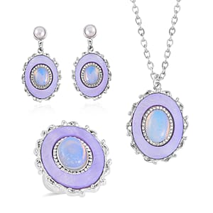 Opalite and Multi Gemstone Drop Earrings, Ring (Size 8.0) and Pendant in Silvertone with Stainless Steel Necklace 20 Inches 16.00 ctw