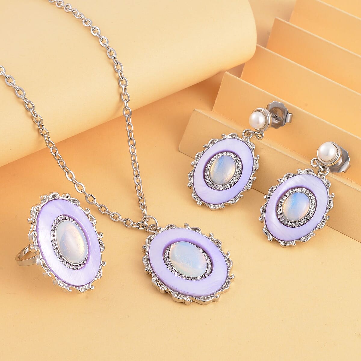 Opalite and Multi Gemstone Drop Earrings, Ring (Size 8.0) and Pendant in Silvertone with Stainless Steel Necklace 20 Inches 16.00 ctw image number 1