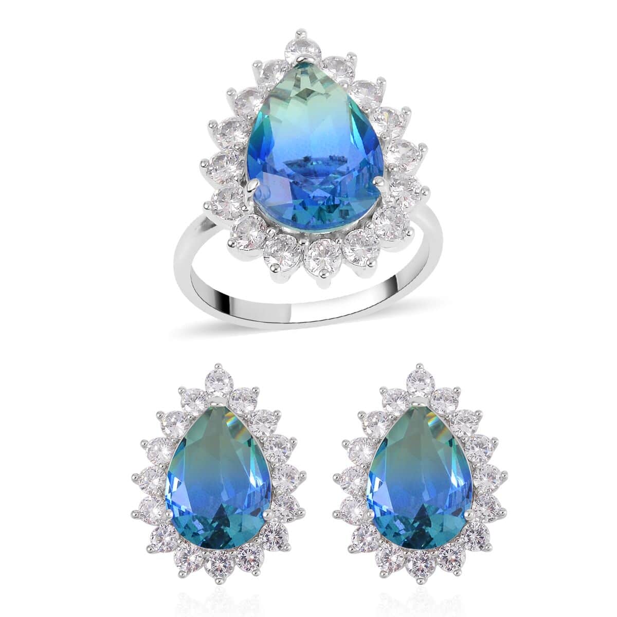 Blue & Green Bi-Colored Glass, Simulated Diamond Halo Ring (Size 9.0) and Earrings in Silvertone 0.40 ctw image number 0