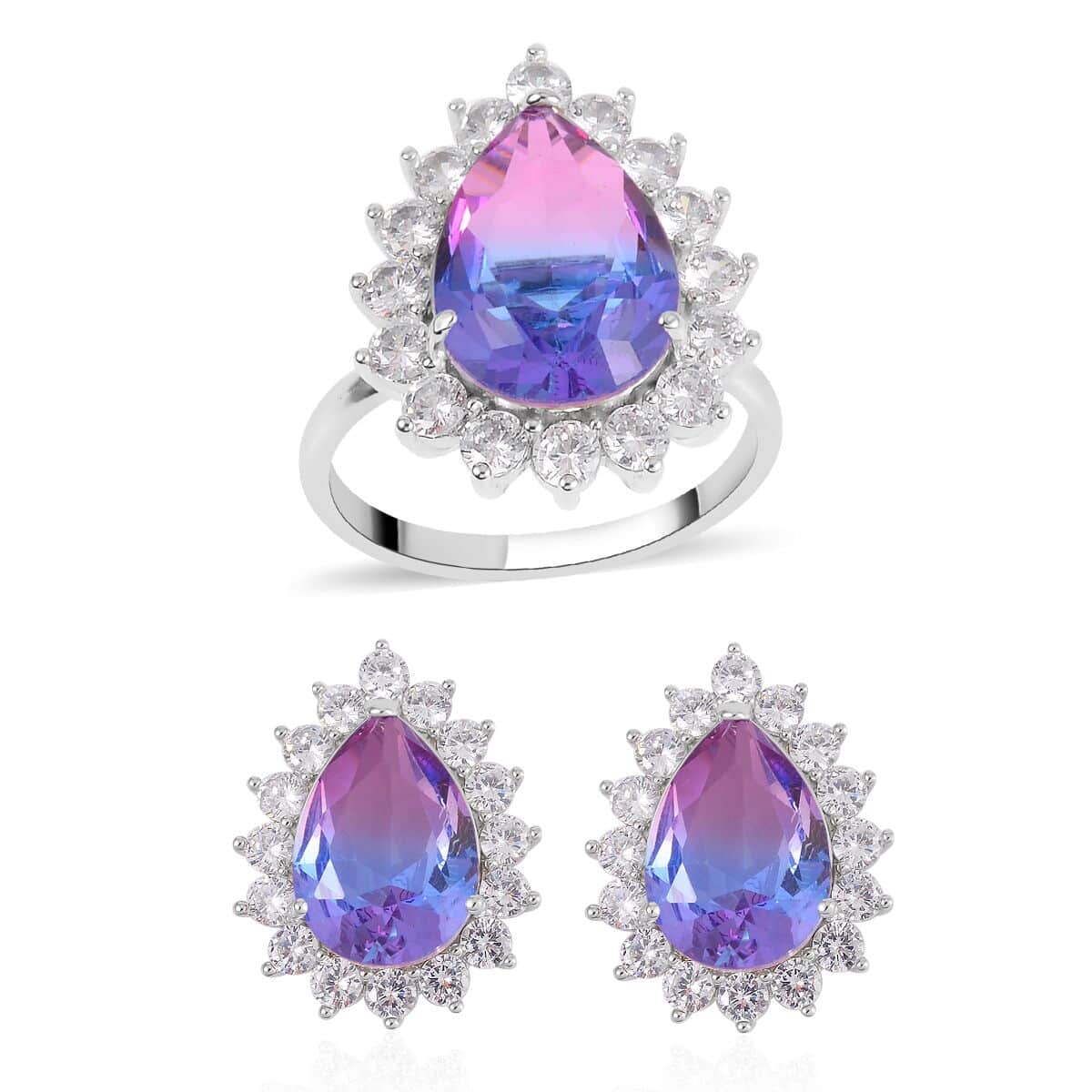 Pink & Lavender Bi-Colored Glass, Simulated Diamond Halo Ring (Size 7.0) and Earrings in Silvertone 0.40 ctw image number 0