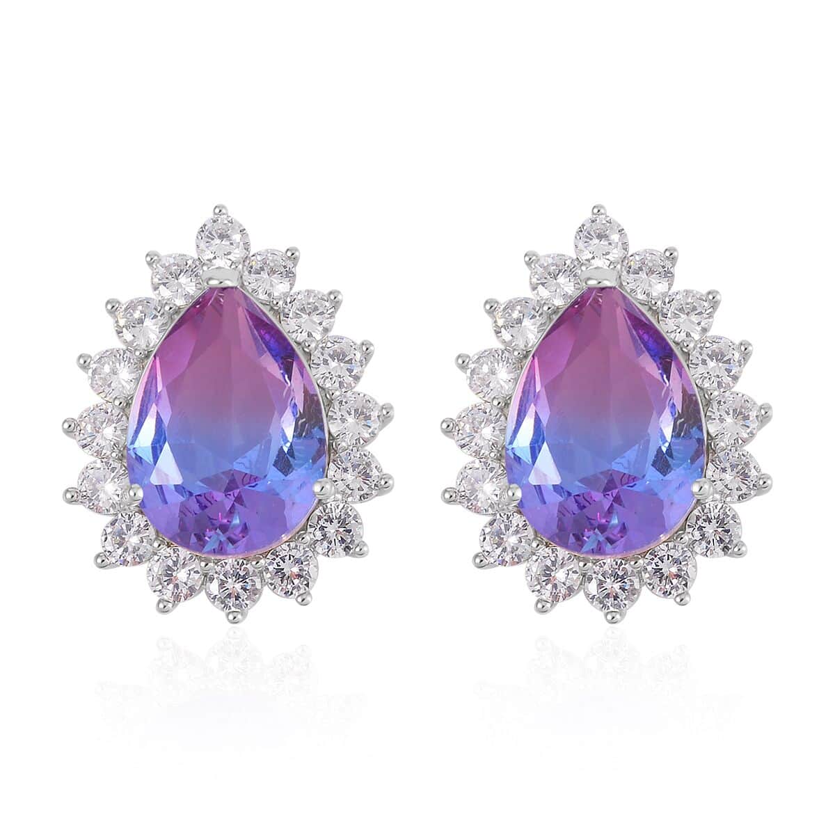 Pink & Lavender Bi-Colored Glass, Simulated Diamond Halo Ring (Size 7.0) and Earrings in Silvertone 0.40 ctw image number 5