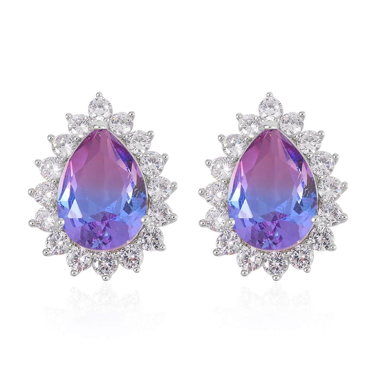 Pink & Lavender Bi-Colored Glass, Simulated Diamond Halo Ring (Size 9.0) and Earrings in Silvertone 0.40 ctw image number 5