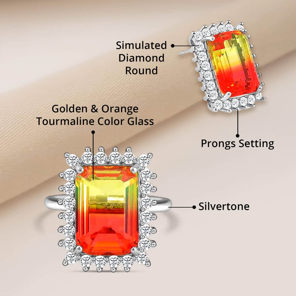 Golden and Orange Tourmaline Color Glass and Simulated Diamond Earrings and Ring (Size 7.0) in Silvertone image number 4