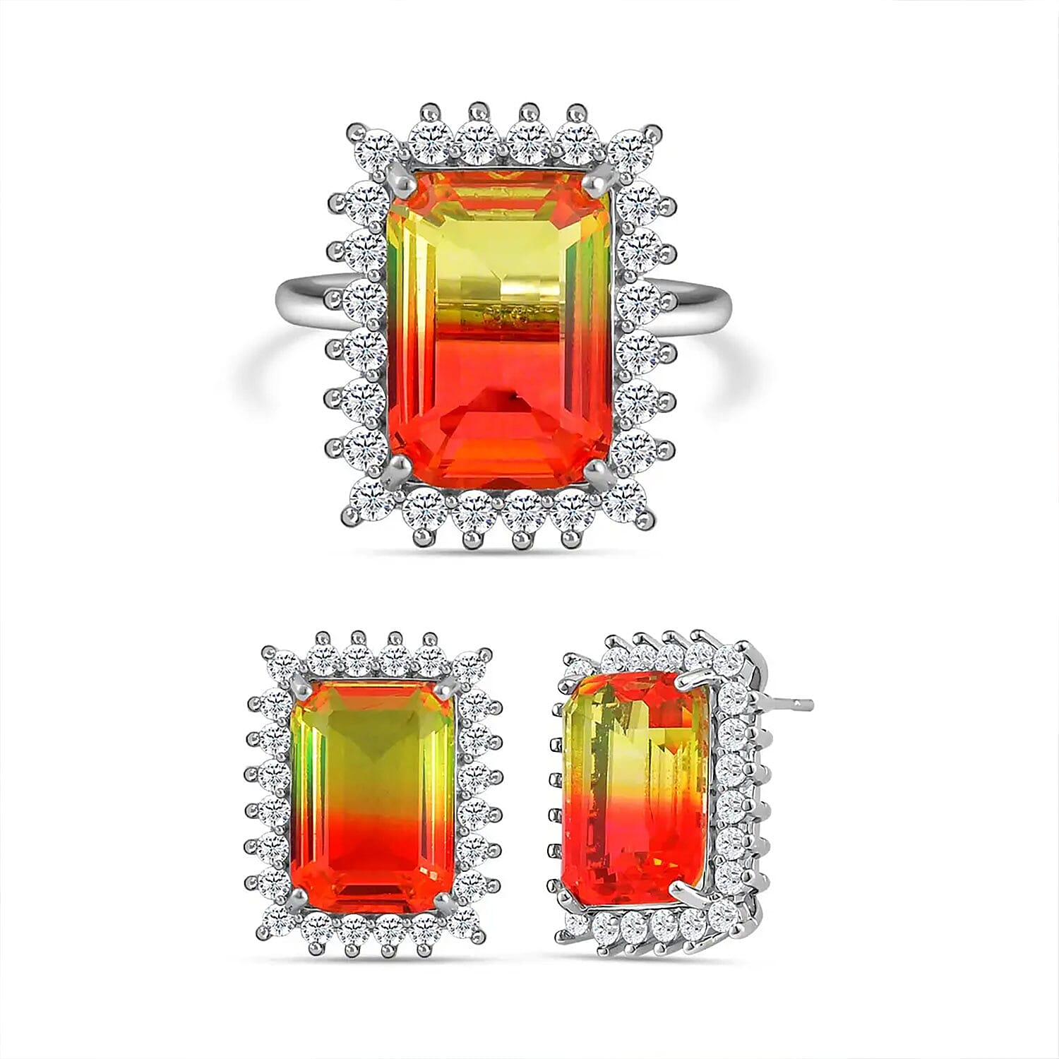 Golden and Orange Tourmaline Color Glass and Simulated Diamond Earrings and Ring (Size 9.0) in Silvertone