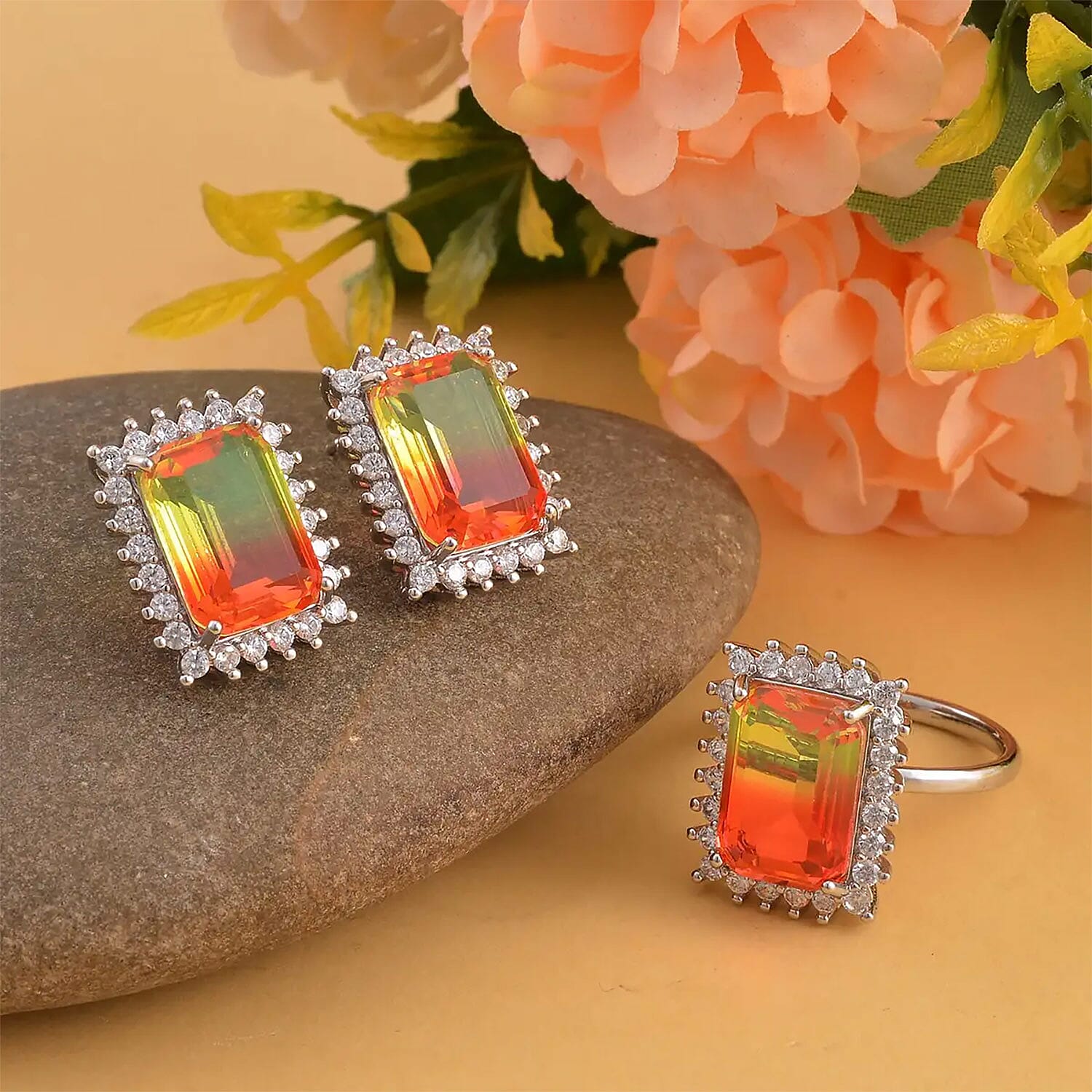 Golden and Orange Tourmaline Color Glass and Simulated Diamond Earrings and Ring (Size 9.0) in Silvertone