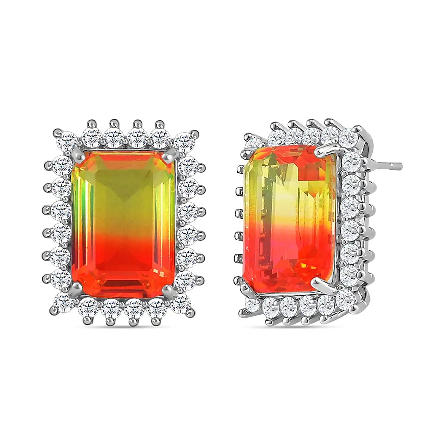 Golden and Orange Tourmaline Color Glass and Simulated Diamond Earrings and Ring (Size 9.0) in Silvertone