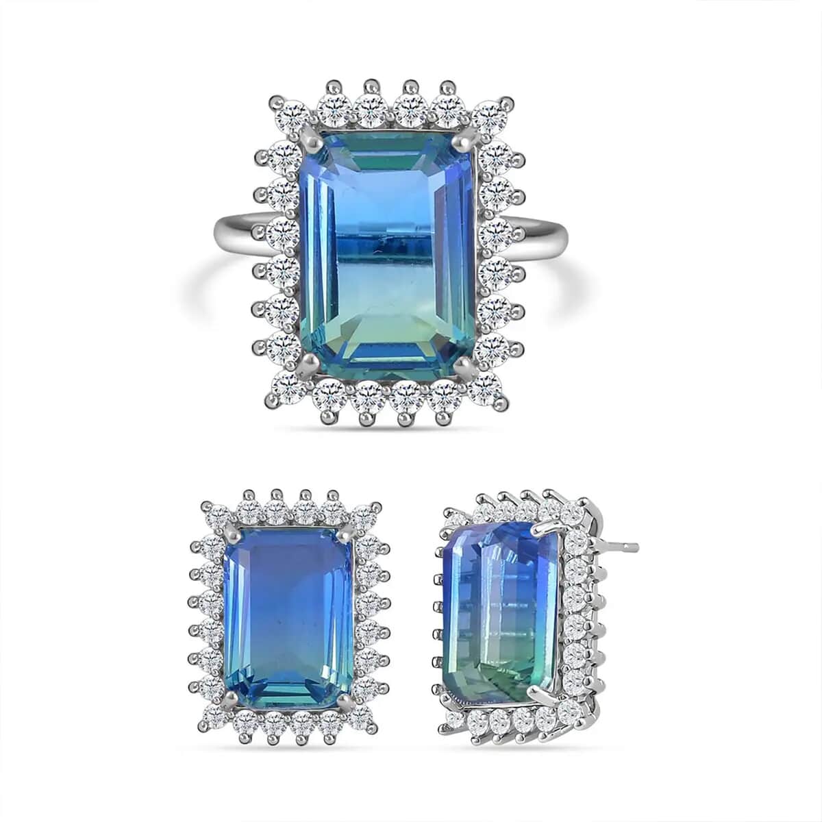 Blue and Green Tourmaline Color Glass and Simulated Diamond Earrings and Ring (Size 7.0) in Silvertone image number 0