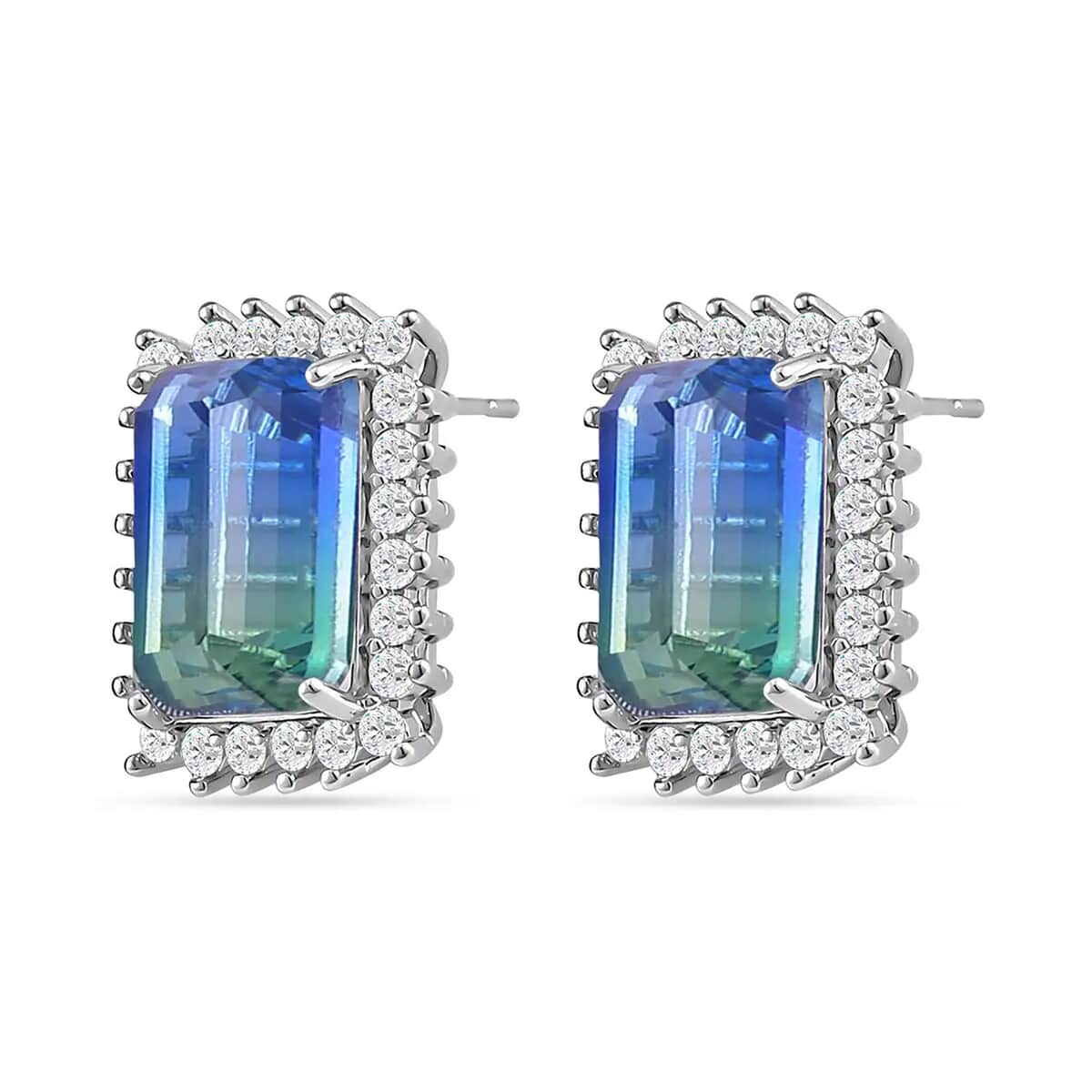 Blue and Green Tourmaline Color Glass and Simulated Diamond Earrings and Ring (Size 7.0) in Silvertone image number 9