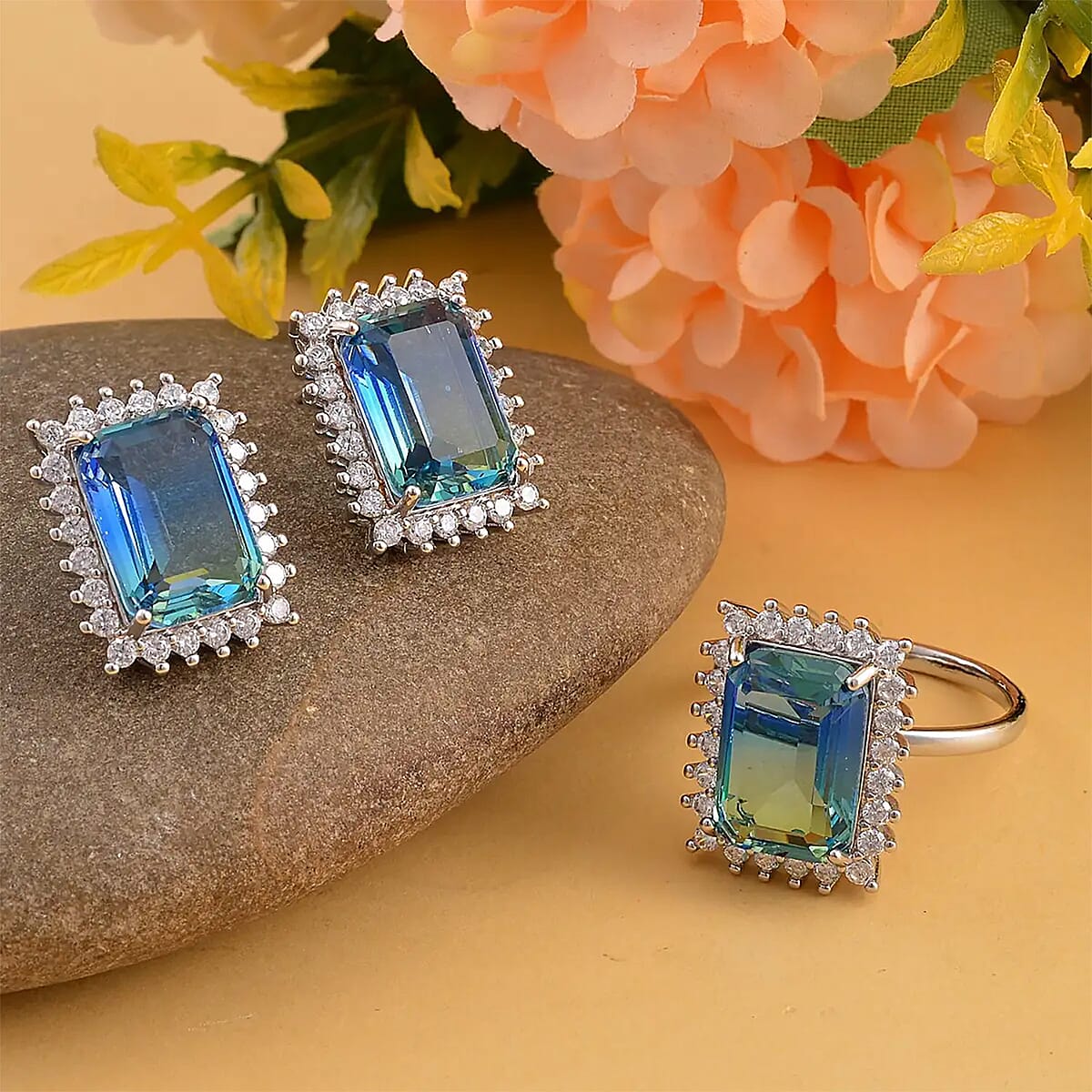 Blue and Green Tourmaline Color Glass and Simulated Diamond Earrings and Ring (Size 9.0) in Silvertone image number 1