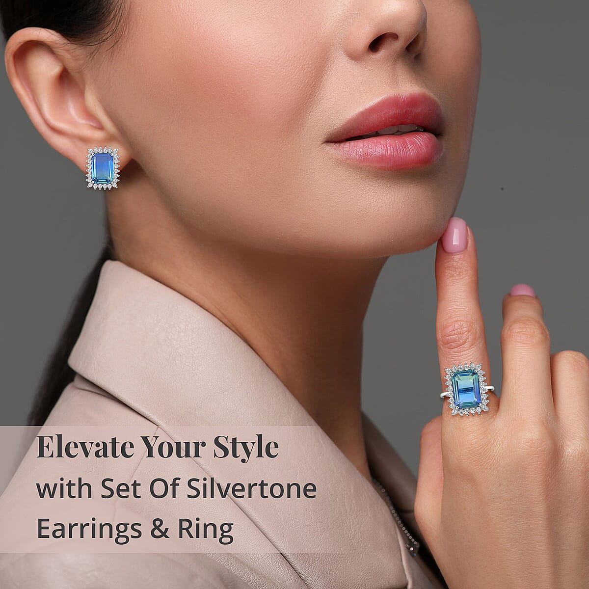 Blue and Green Tourmaline Color Glass and Simulated Diamond Earrings and Ring (Size 9.0) in Silvertone image number 2