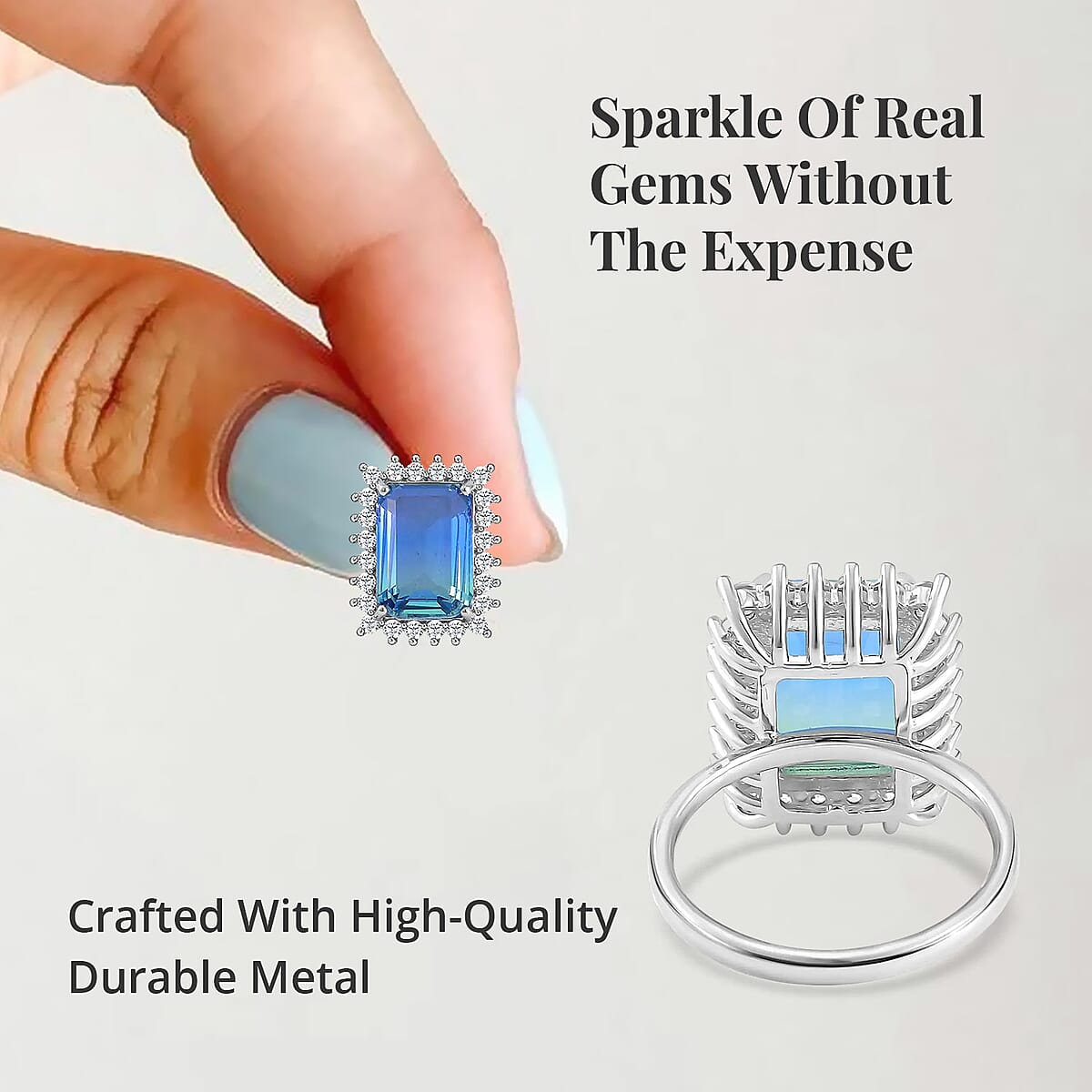 Blue and Green Tourmaline Color Glass and Simulated Diamond Earrings and Ring (Size 9.0) in Silvertone image number 3