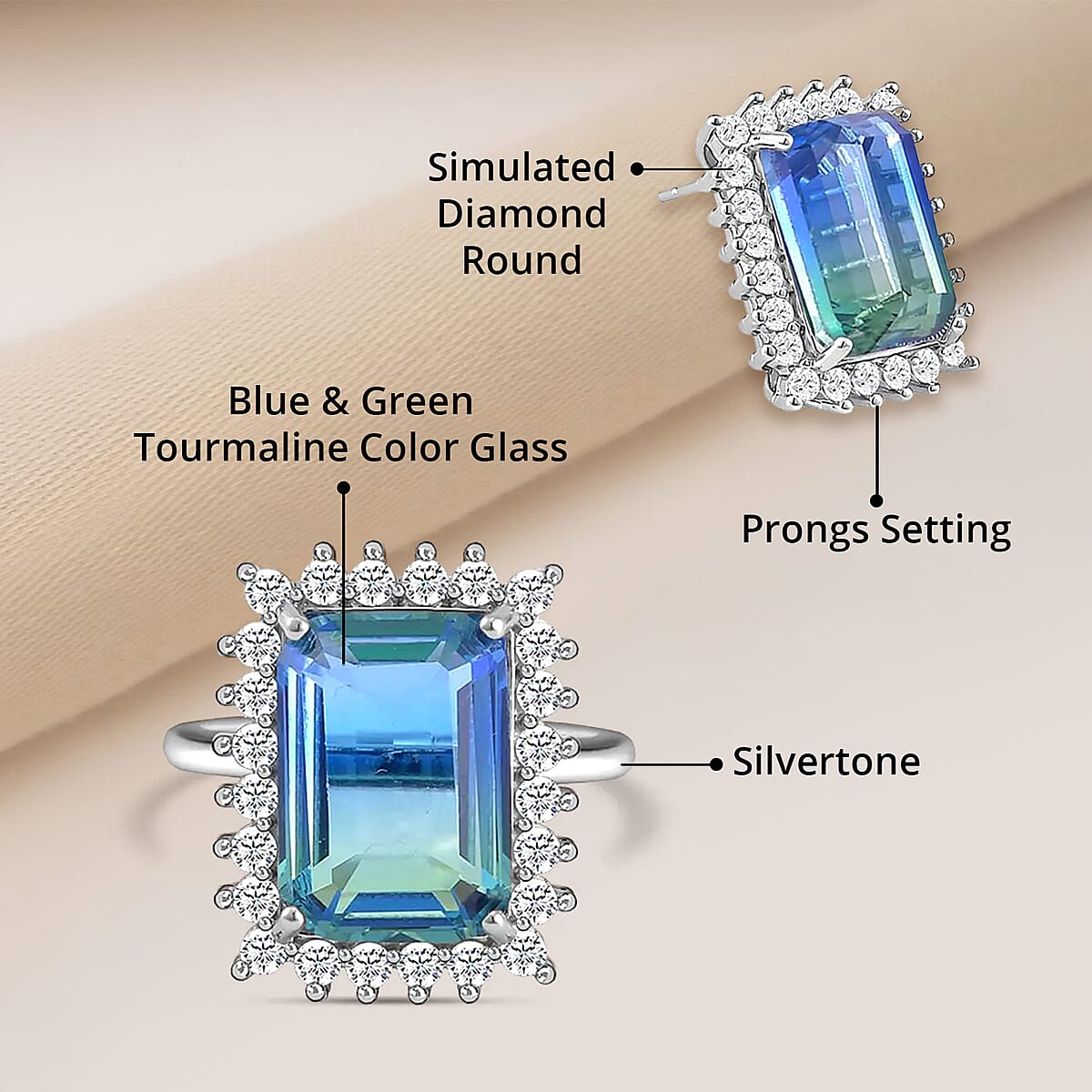 Blue and Green Tourmaline Color Glass and Simulated Diamond Earrings and Ring (Size 9.0) in Silvertone image number 4