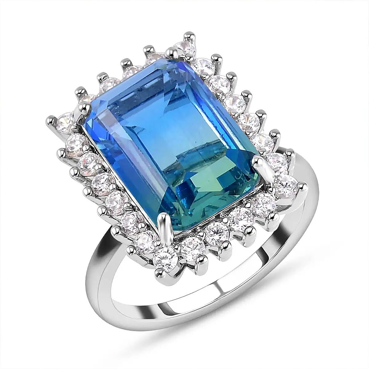 Blue and Green Tourmaline Color Glass and Simulated Diamond Earrings and Ring (Size 9.0) in Silvertone image number 6