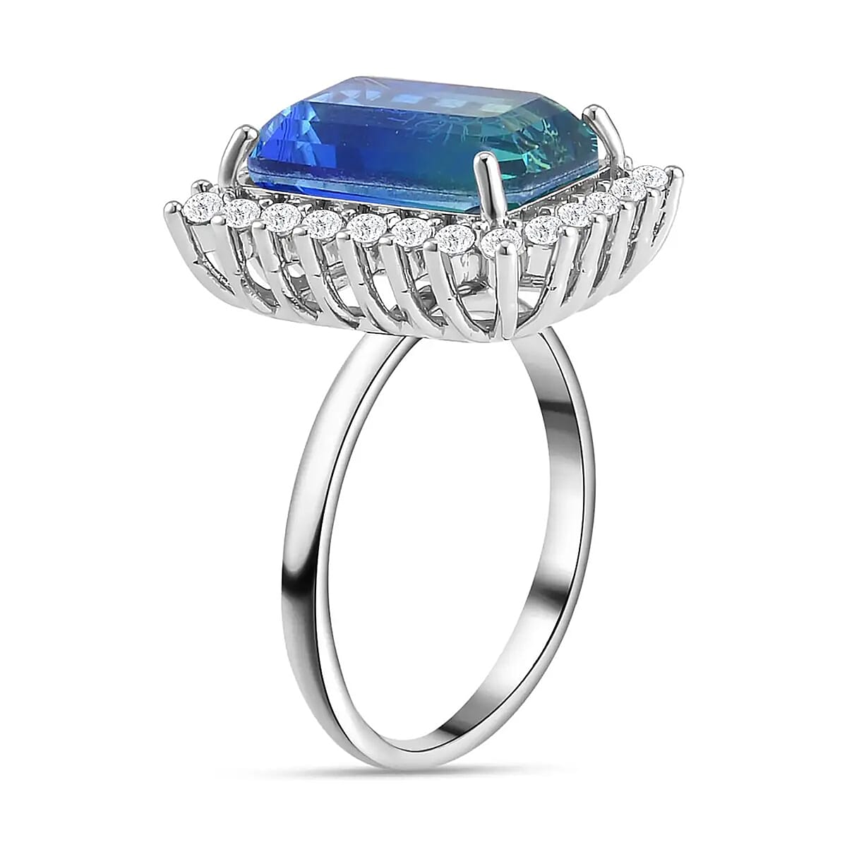 Blue and Green Tourmaline Color Glass and Simulated Diamond Earrings and Ring (Size 9.0) in Silvertone image number 7