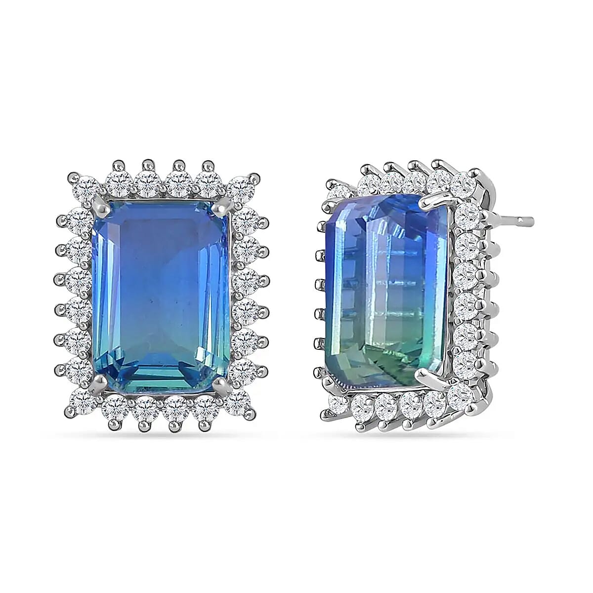 Blue and Green Tourmaline Color Glass and Simulated Diamond Earrings and Ring (Size 9.0) in Silvertone image number 8
