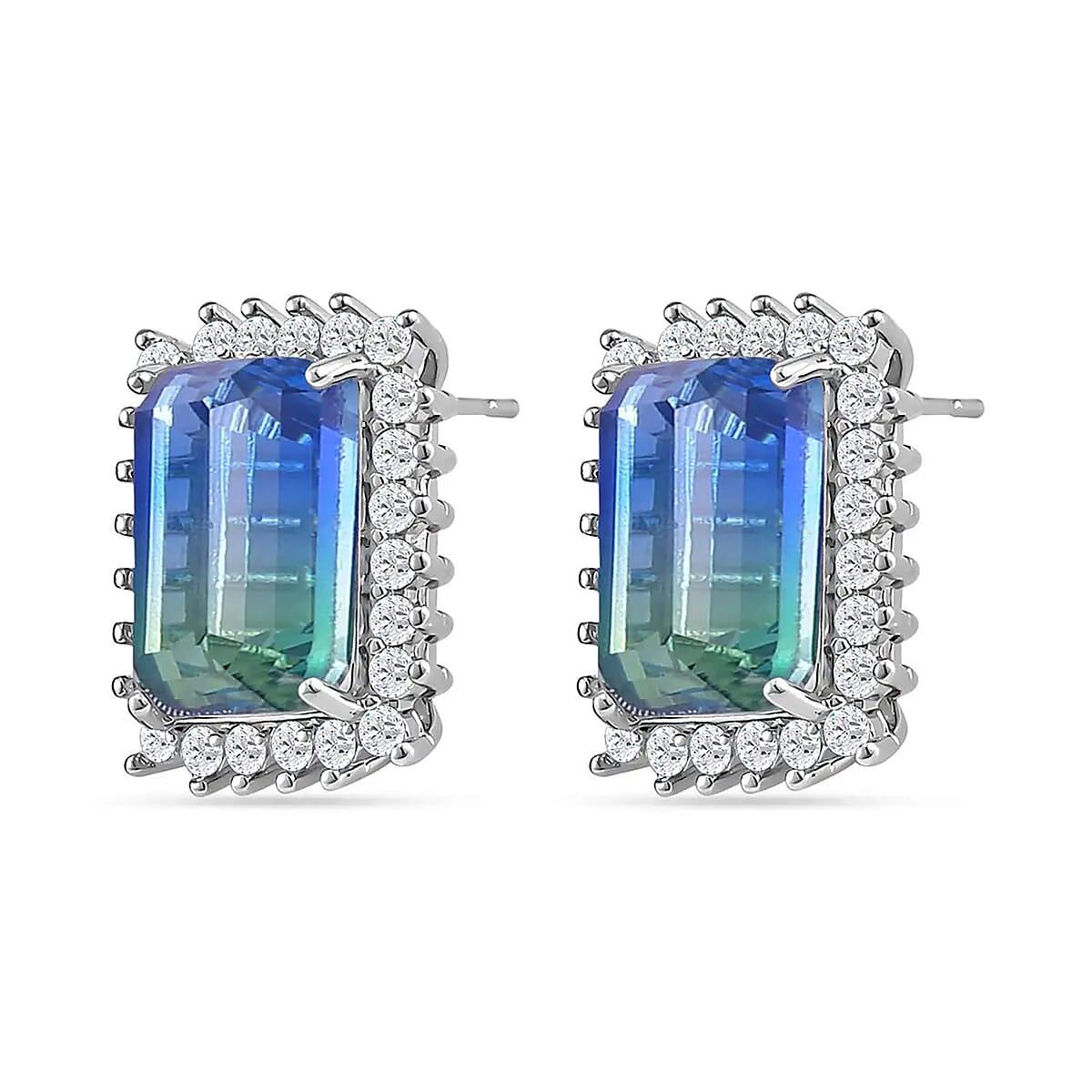 Blue and Green Tourmaline Color Glass and Simulated Diamond Earrings and Ring (Size 9.0) in Silvertone image number 9
