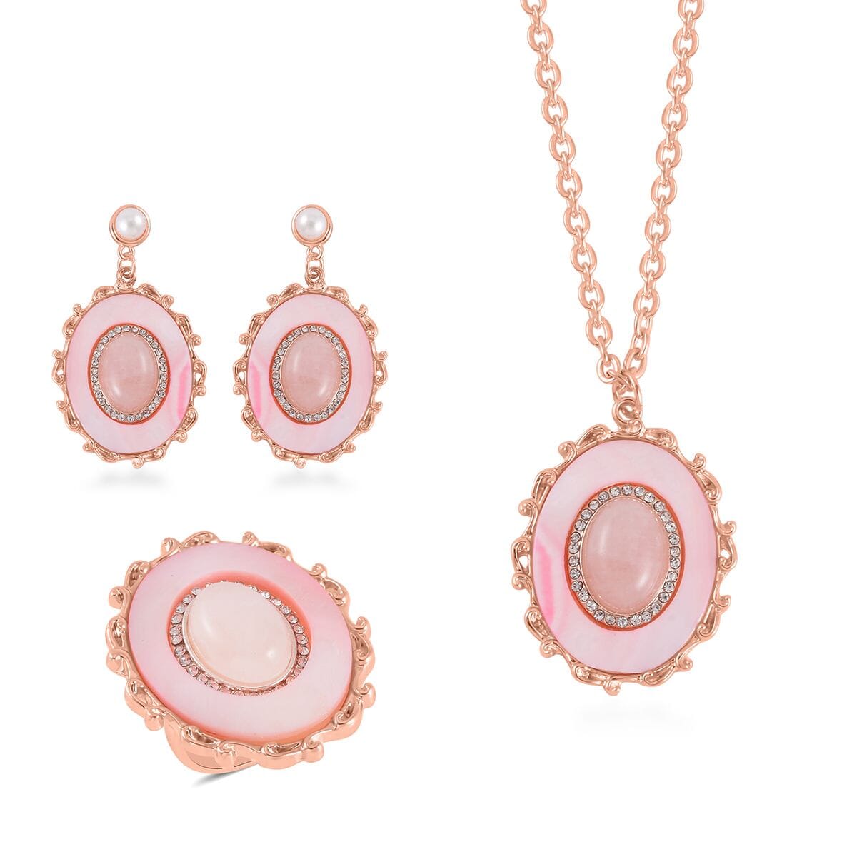 Galilea Rose Quartz and Multi Gemstone Drop Earrings, Ring (Size 7.0) and Pendant in Rosetone with ION Plated RG Stainless Steel Necklace 20 Inches 16.00 ctw image number 0