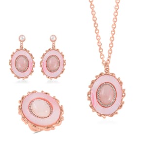 Galilea Rose Quartz and Multi Gemstone Drop Earrings, Ring (Size 7.0) and Pendant in Rosetone with ION Plated RG Stainless Steel Necklace 20 Inches 16.00 ctw
