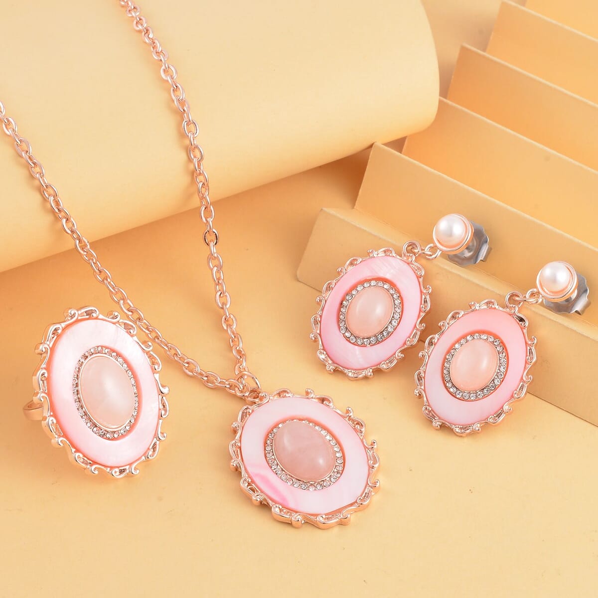 Galilea Rose Quartz and Multi Gemstone Drop Earrings, Ring (Size 7.0) and Pendant in Rosetone with ION Plated RG Stainless Steel Necklace 20 Inches 16.00 ctw image number 1
