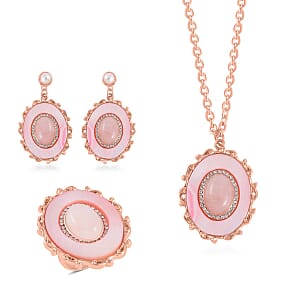 Galilea Rose Quartz and Multi Gemstone Drop Earrings, Ring Size 11.0 and Pendant in Rosetone with ION Plated RG Stainless Steel Necklace 20 Inches 16.00 ctw