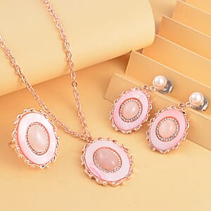 Galilea Rose Quartz and Multi Gemstone Drop Earrings, Ring Size 11.0 and Pendant in Rosetone with ION Plated RG Stainless Steel Necklace 20 Inches 16.00 ctw