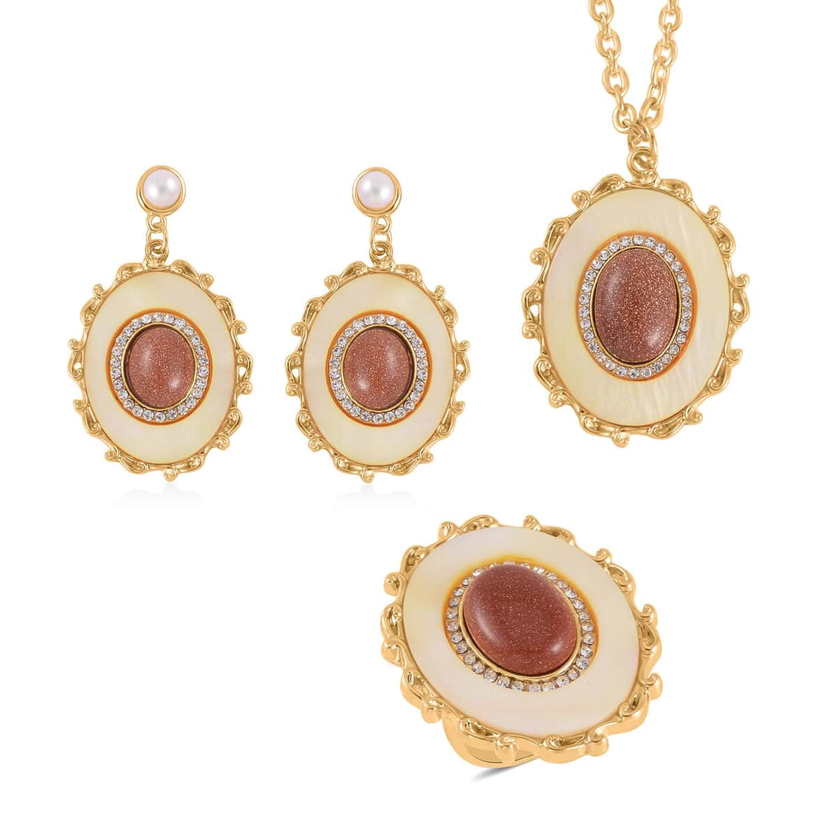 Golden Sunstone and Multi Gemstone Drop Earrings, Ring (Size 7.0) and Pendant in Goldtone with ION Plated YG Stainless Steel Necklace 20 Inches 16.00 ctw image number 0