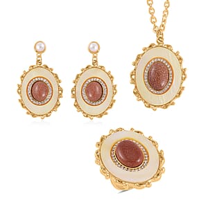 Golden Sunstone and Multi Gemstone Drop Earrings, Ring (Size 11.0) and Pendant in Goldtone with ION Plated YG Stainless Steel Necklace 20 Inches 16.00 ctw
