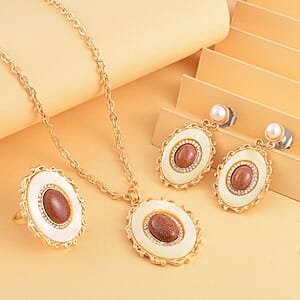 Golden Sunstone and Multi Gemstone Drop Earrings, Ring (Size 11.0) and Pendant in Goldtone with ION Plated YG Stainless Steel Necklace 20 Inches 16.00 ctw