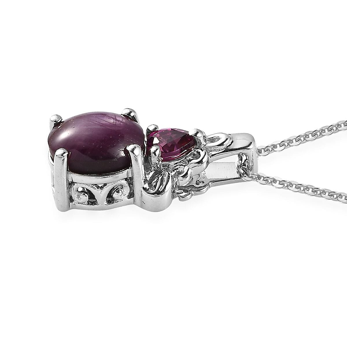 Premium Indian Star Ruby and Orissa Rhodolite Garnet Ring and Pendant Necklace 20 Inches in Platinum Over Sterling Silver 4.15 ctw image number 7
